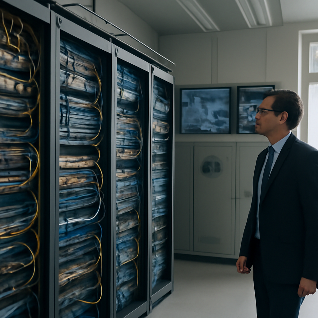 Secure industrial room with network equipment, servers, and monitoring screens.