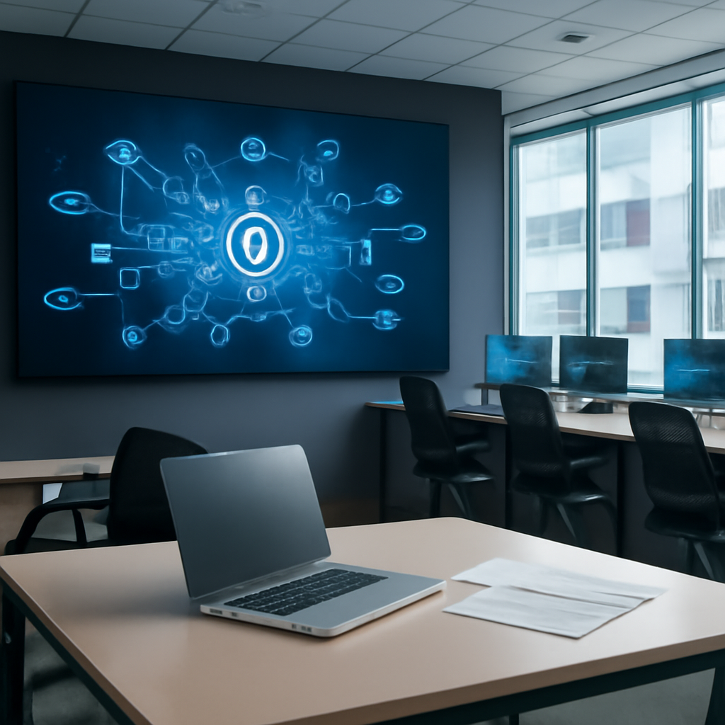 Empty cybersecurity operations center with workstations, large screen, and laptop on table.