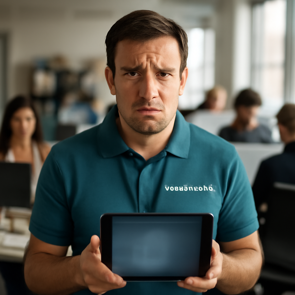 Cybersecurity pro with concerned expression surrounded by colleagues in busy office.