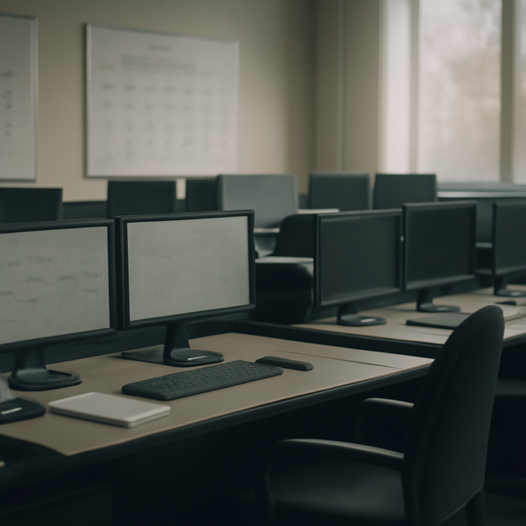 A dimly lit monitoring room with rows of empty computer screens displaying generic system diagrams and blank interfaces.