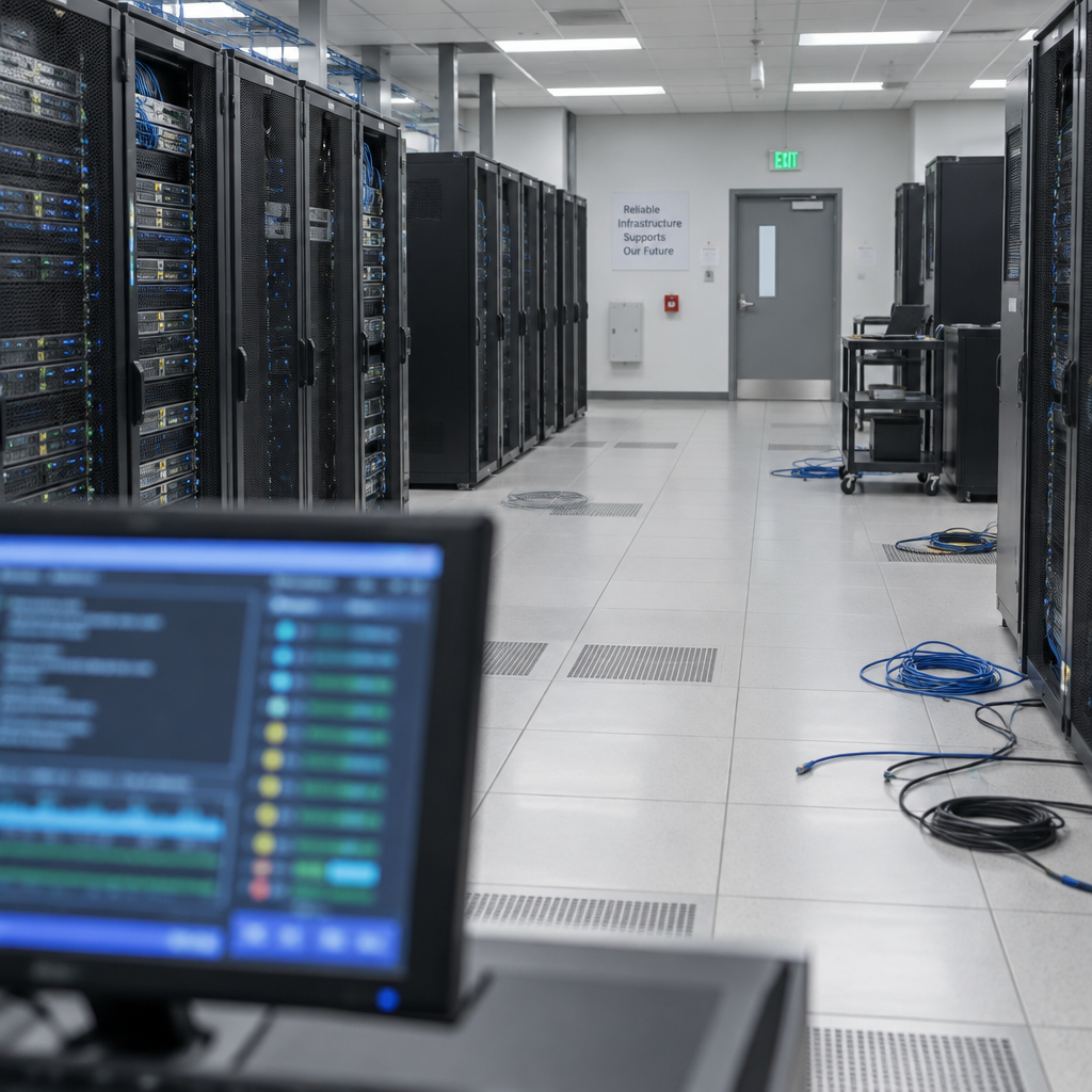 Rows of computer servers and network equipment in a brightly-lit, empty server room with scattered cables and a blurred…