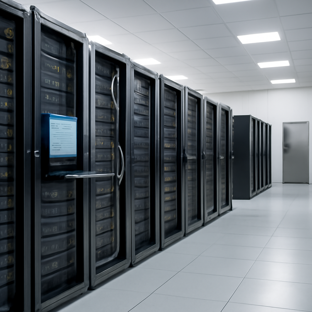 Rows of computer servers and storage equipment in a brightly-lit server room.