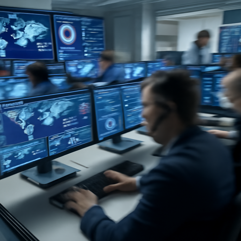 Security analysts work urgently at desks in a brightly-lit operations center surrounded by multiple screens displaying data…