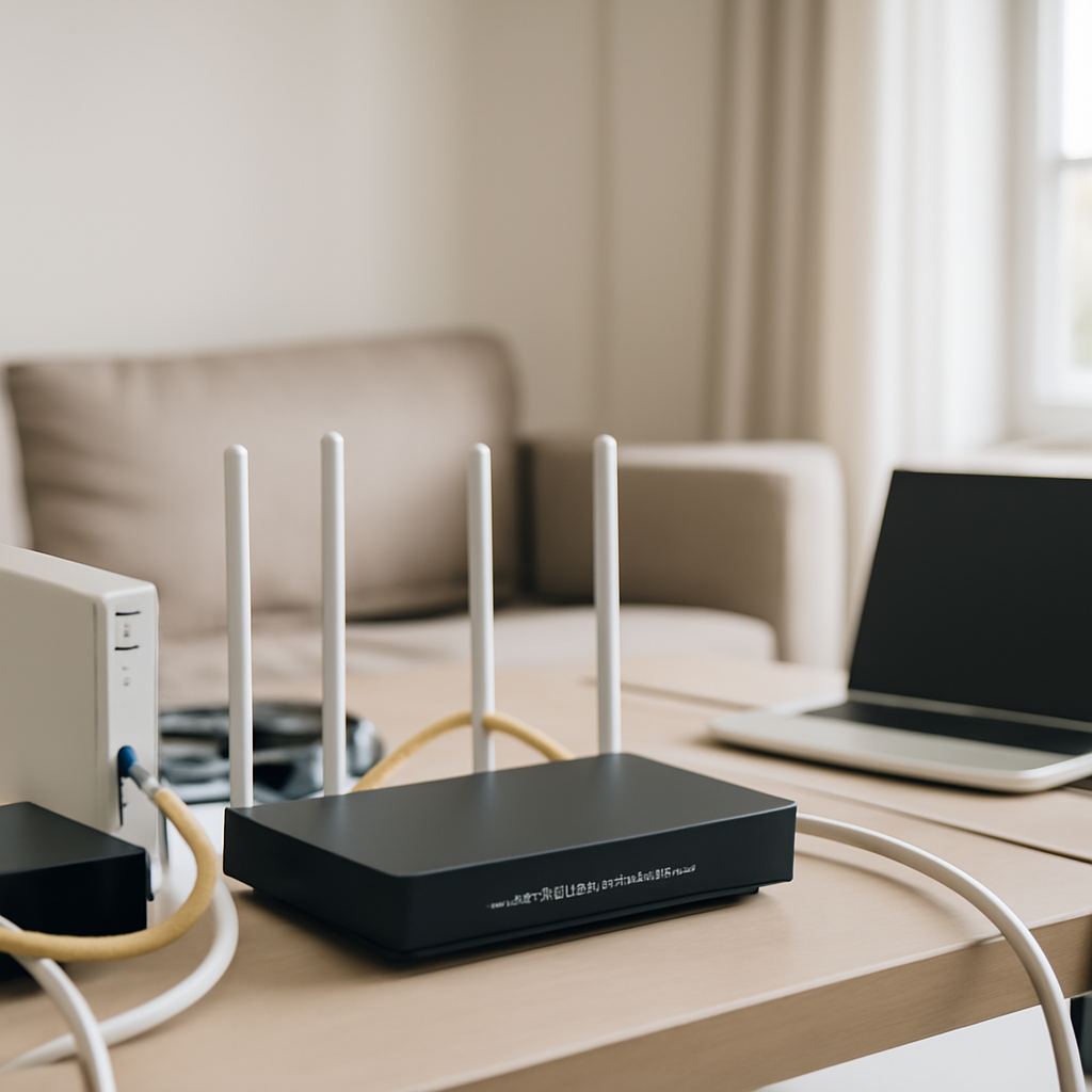 Router sits on table amidst cables and networking gear in a home office setting.
