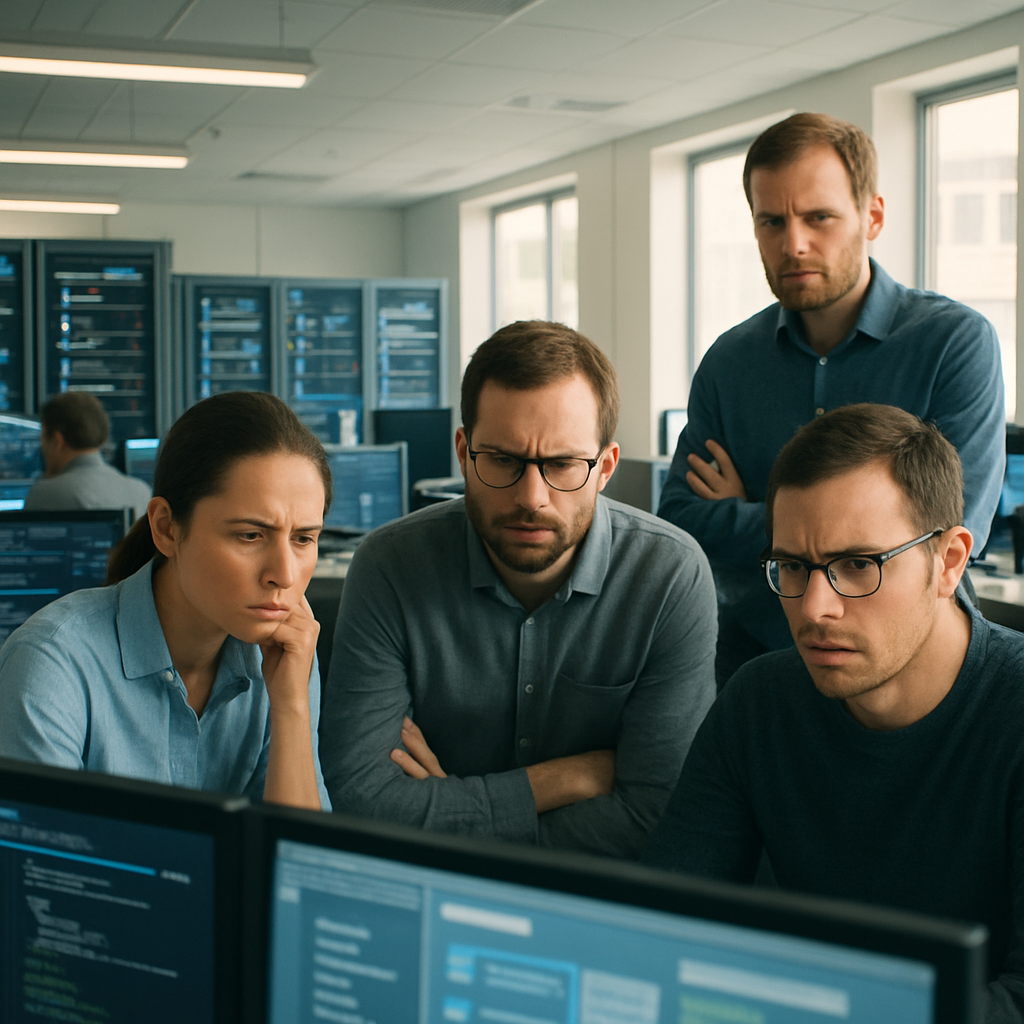 Concerned employees in a software development environment examine a computer screen and discuss an issue amidst rows of…