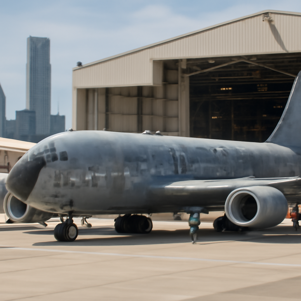 Damaged KC-135 tanker taxis into Tinker AFB repair facility under daylight.