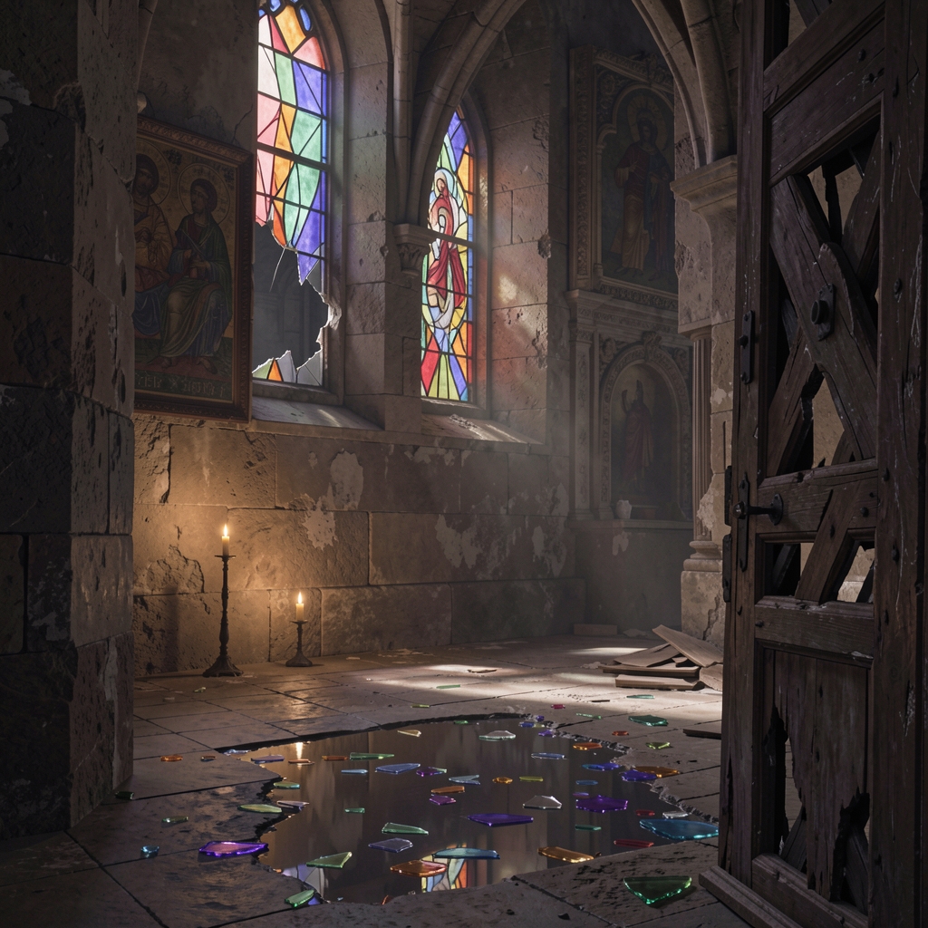 Broken stained glass window and shattered door in a dimly lit, damaged church interior.