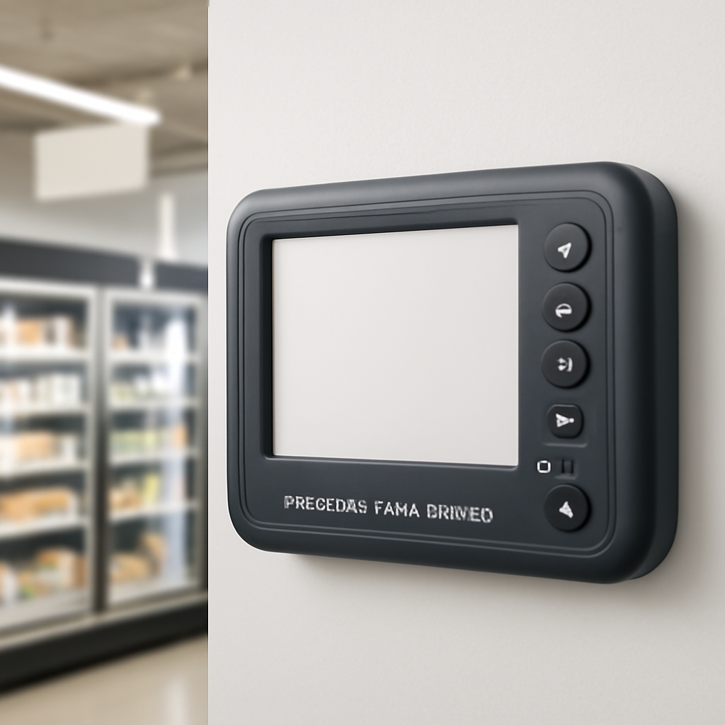 Refrigeration control panel mounted on a wall in a retail setting with blank screen and out-of-focus surroundings.