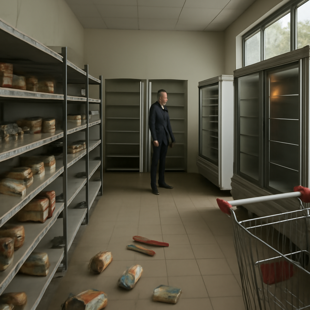 Refrigerated storage room in disarray with open units and discarded food products.