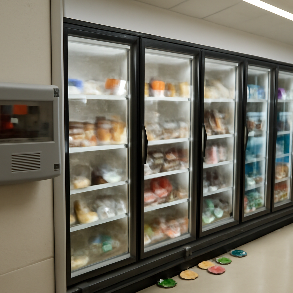 Supermarket refrigeration unit with controller and stocked shelves under fluorescent lighting.