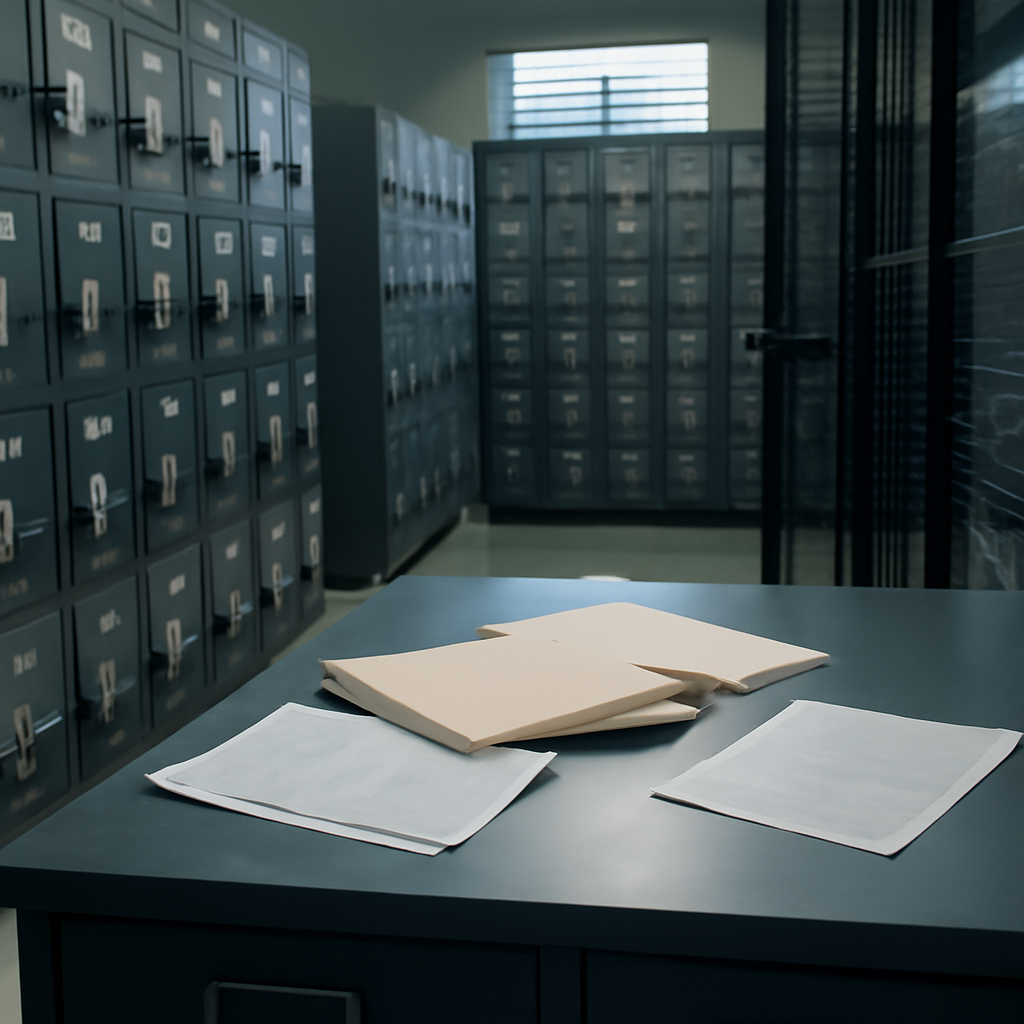 Secure government facility interior with rows of filing cabinets and scattered papers on a table under soft daylight.