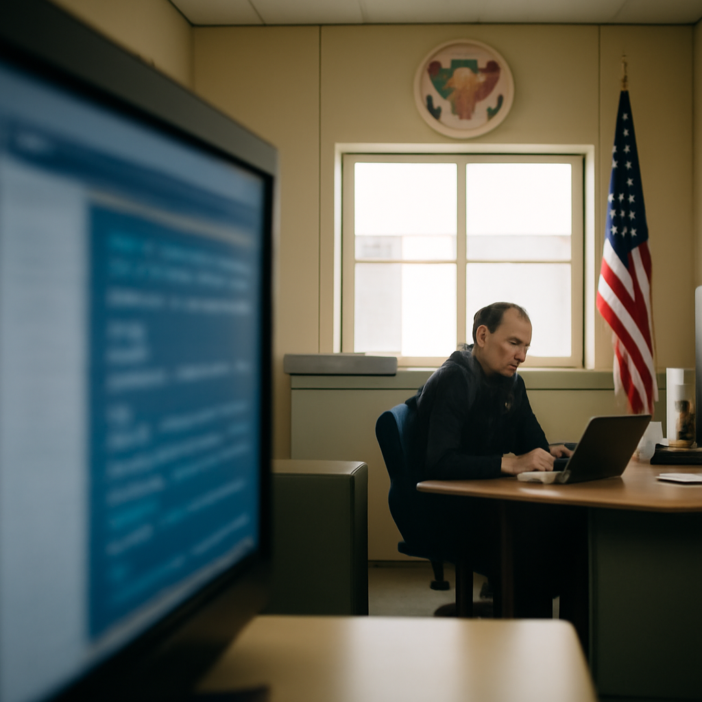 A lone figure sits at a desk in front of a blurred database representation, with a brightly-lit office or secure facility…