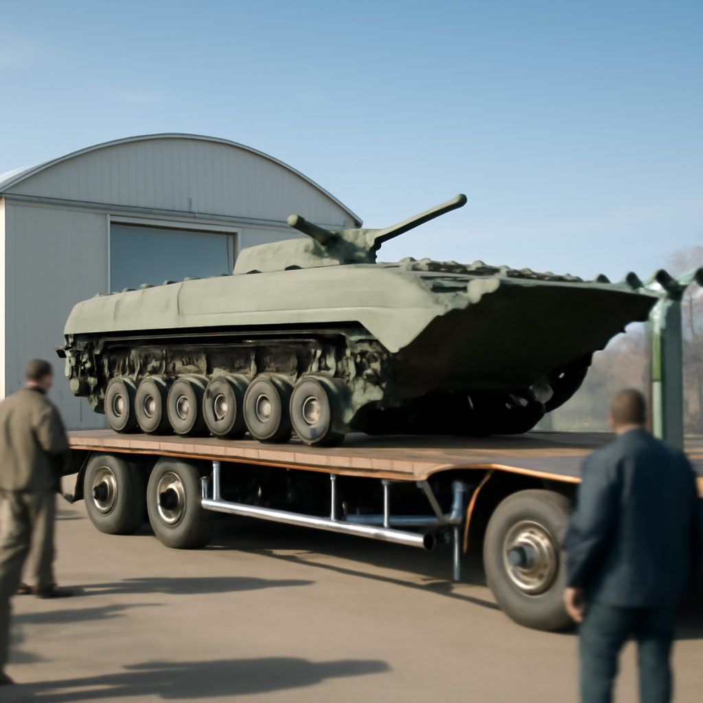 Soviet-era military vehicle transported on flatbed truck outside a storage facility.
