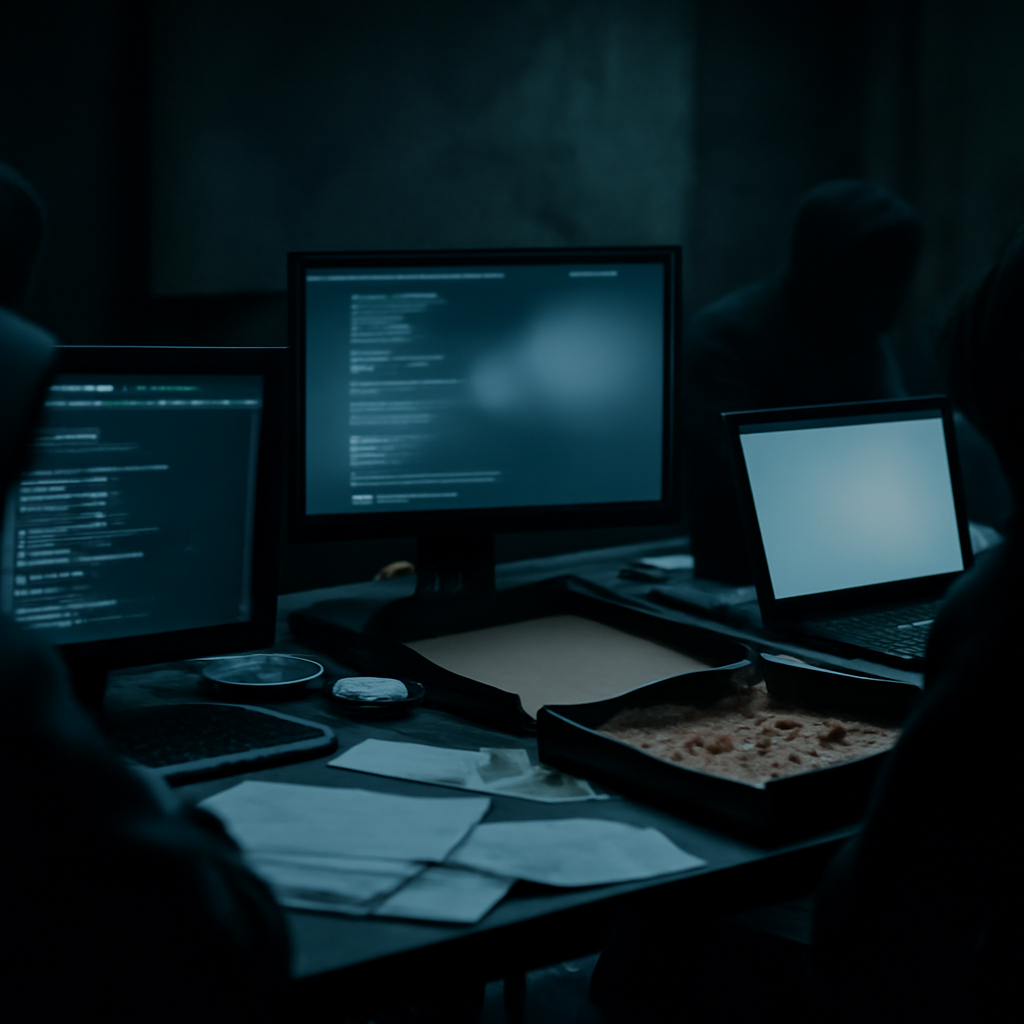 Dimly lit, cluttered table with scattered computers and laptops in a cramped underground setting.