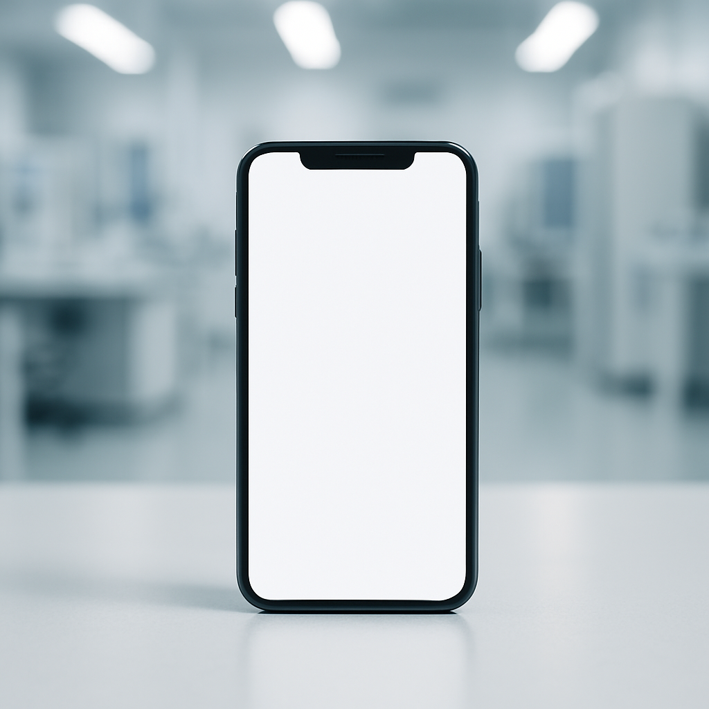 Smartphone on a clean surface with empty screen in a neutral background.
