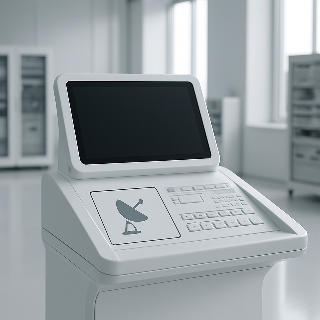 Sleek futuristic console with touchscreen interface in a clean-room setting.