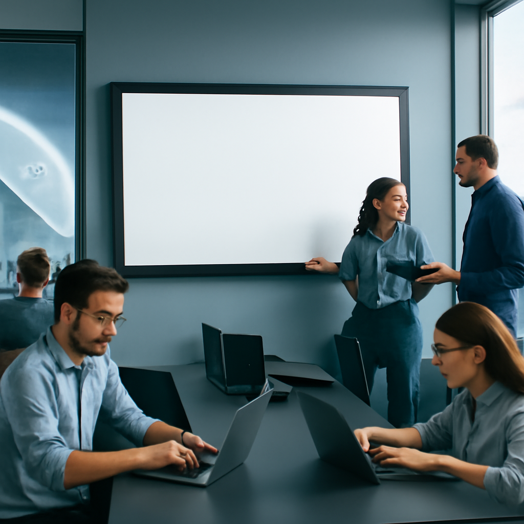 People in a futuristic control room with a large touchscreen display and laptops, collaborating near a window.