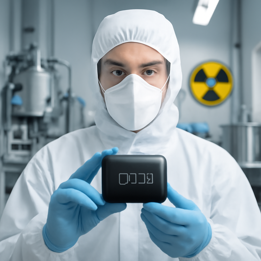 Scientist holds a small power cell device in a research facility with nuclear equipment in the background.