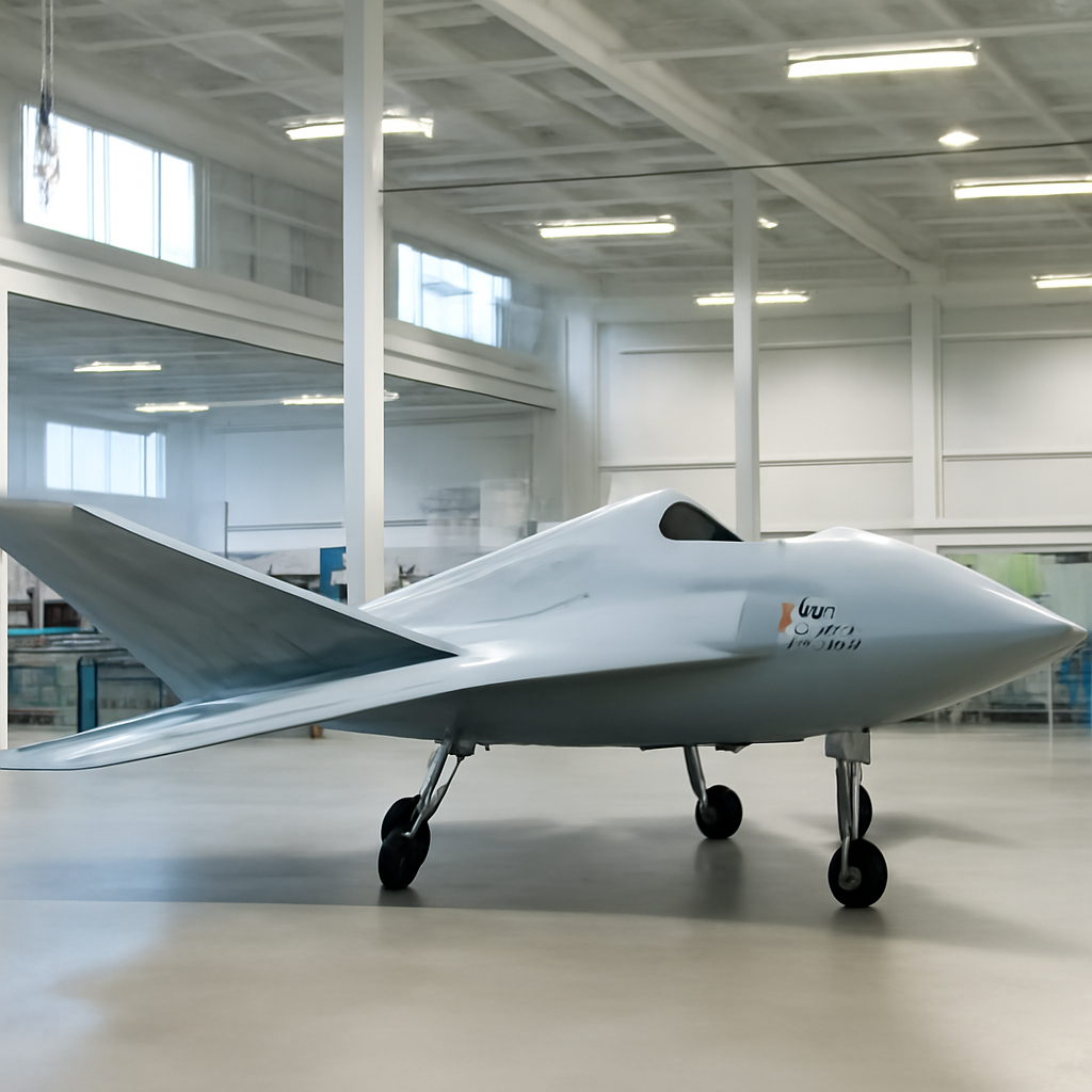 Experimental X-65 drone with novel triangular air-control wings on display in a bright research facility.