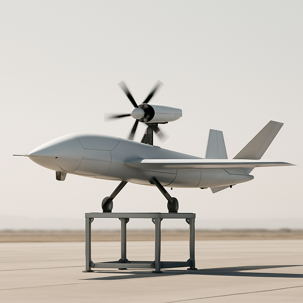 Futuristic drone with hybrid-electric propulsion in flight against a clear sky.