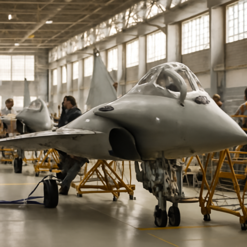 Rafale fighter jets under assembly in a factory with Indian technicians in the background.