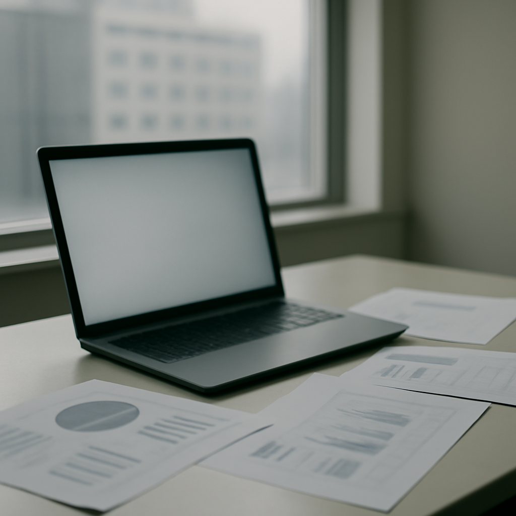 A data analyst's workstation with laptop and papers on a plain surface, under scrutiny.