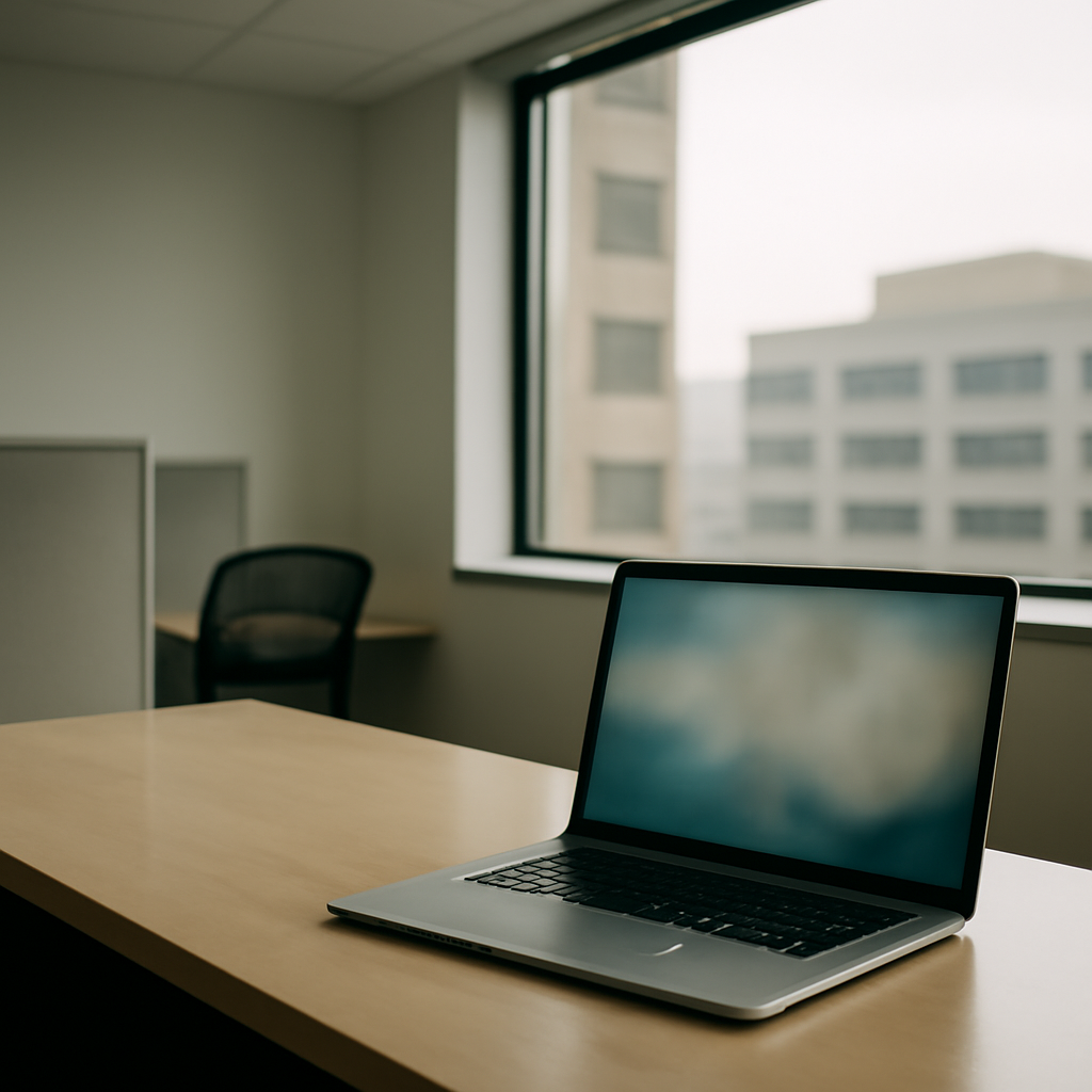 Modern office setting with blurred computer screen and cityscape background.