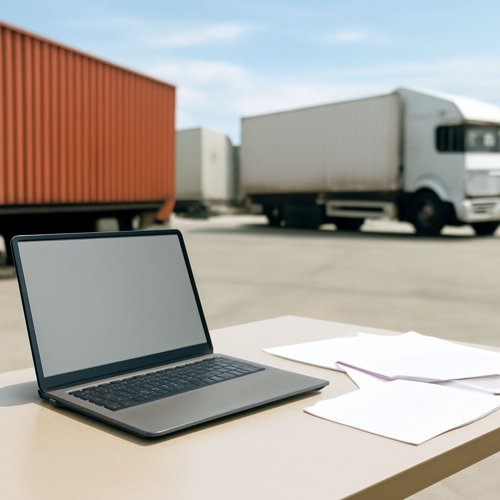 Logistics facility with computer terminal and shipping containers in background.