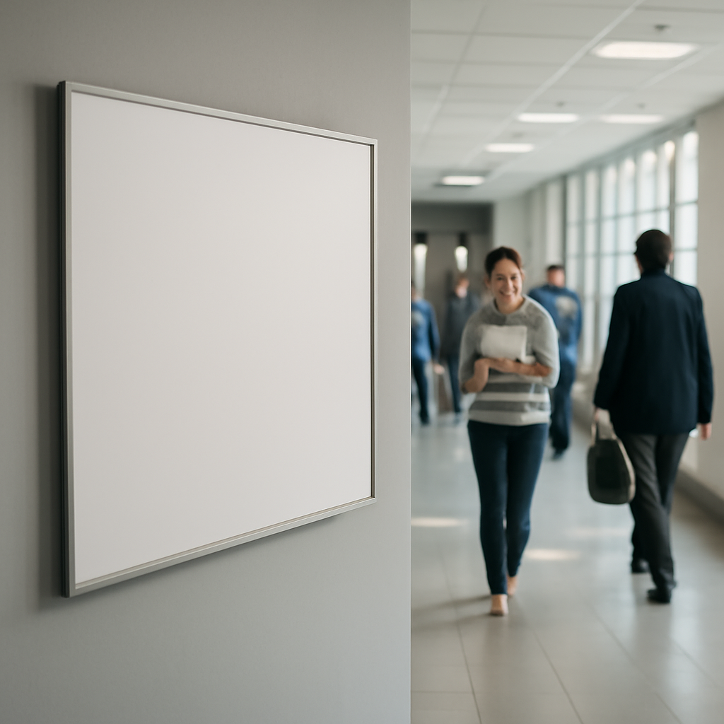 Busy office corridor with people walking, large blank screen in foreground.