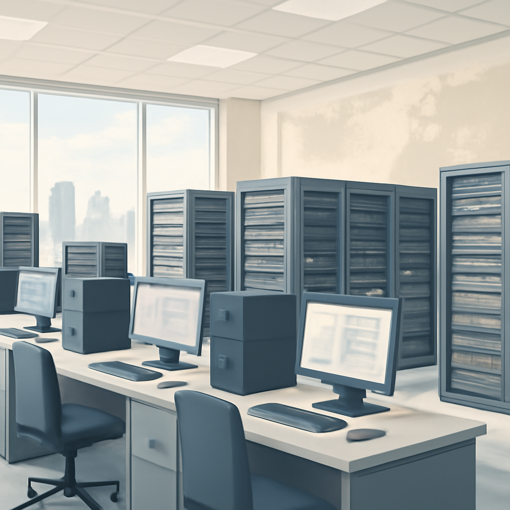 Rows of servers and computers in a brightly-lit tech facility with a cityscape in the background.