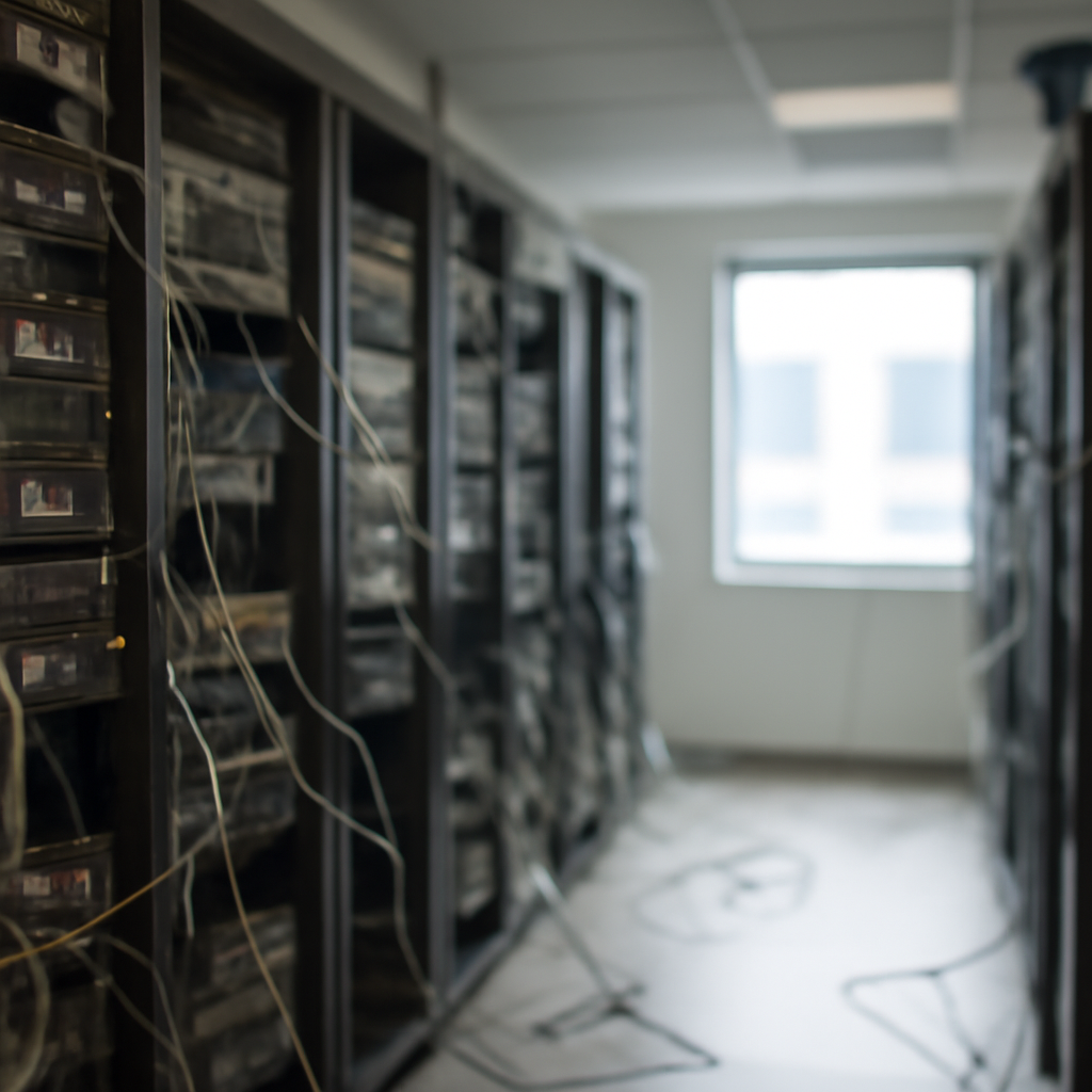 Server room with rows of computer servers and networking equipment, slightly blurred with loose cables, indicating…