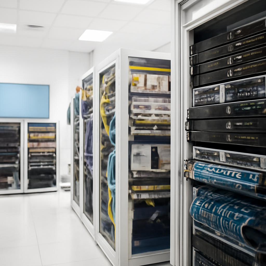 Rows of servers, routers, and cables in a brightly-lit network operations center.