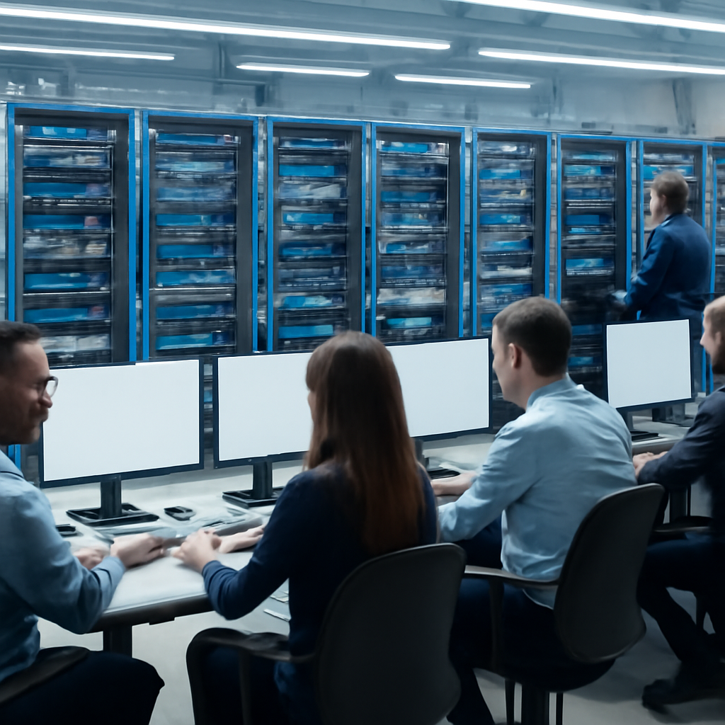 Busy internet exchange with technicians monitoring screens and networking equipment.