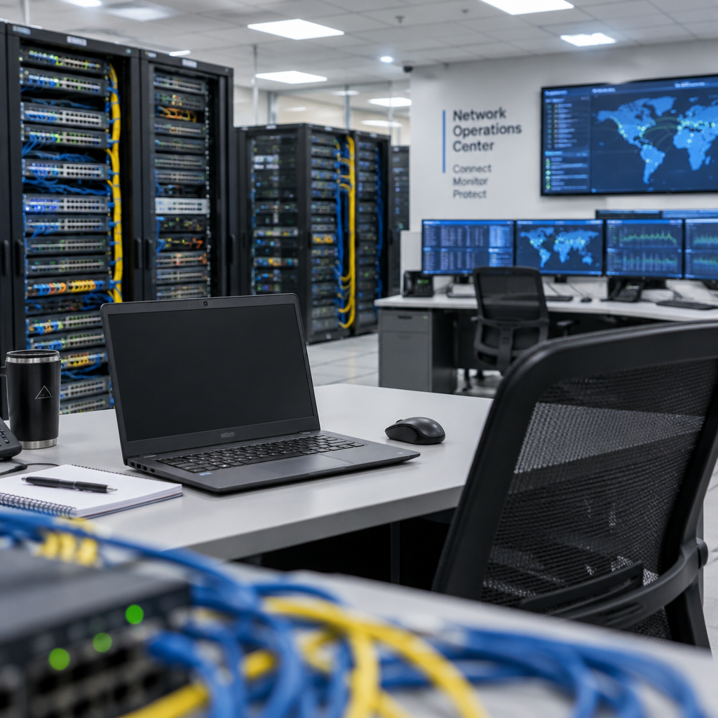 Network operations center interior with rows of equipment and a single unoccupied workstation.