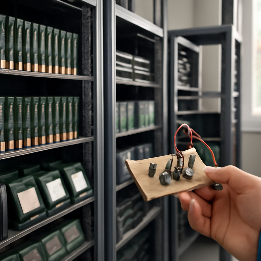 Technician's hand holds electronic board amidst server room equipment and daylight.