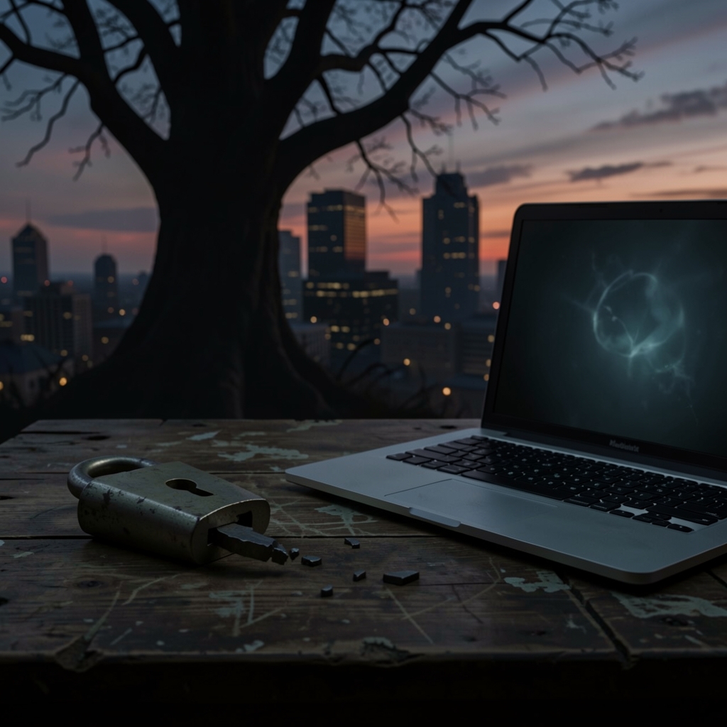 A broken padlock lies on a worn desk next to an eerie laptop screen with a cityscape at dusk in the background.