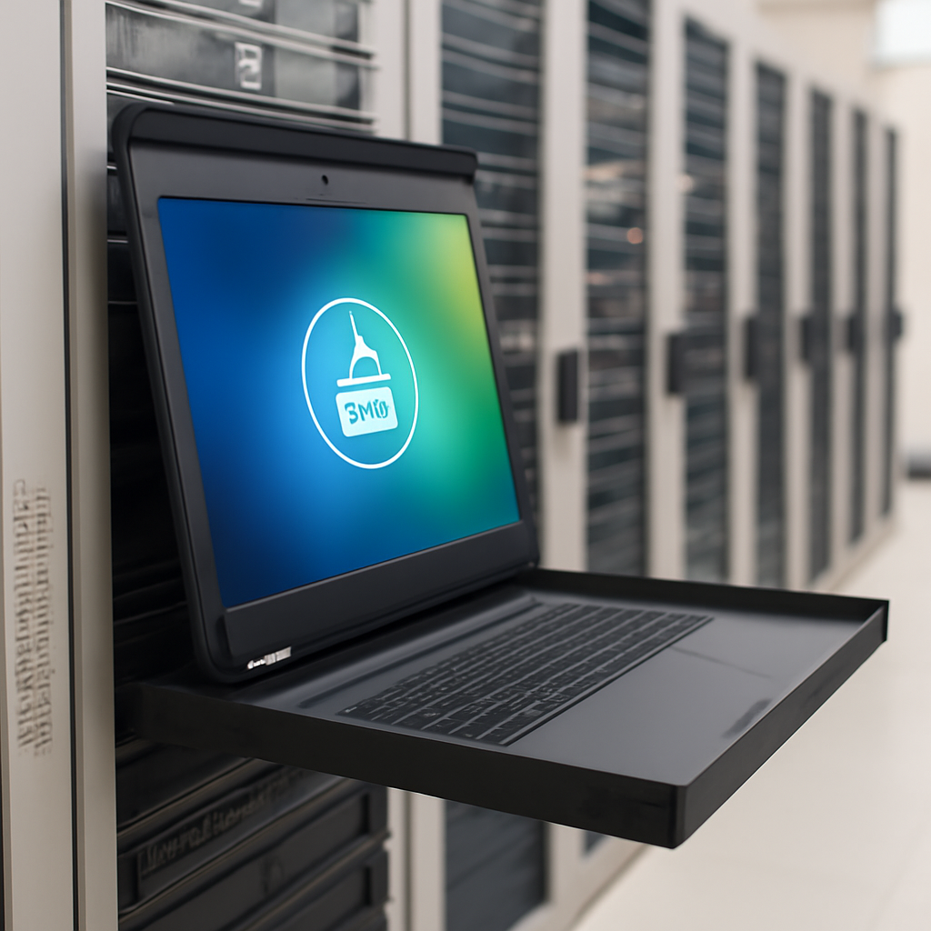 Server room with equipment and open laptop displaying abstract screen.
