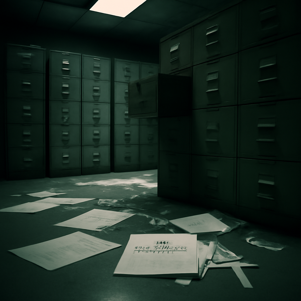 Sensitive documents labeled Voter Registration scattered in dimly lit government records room.