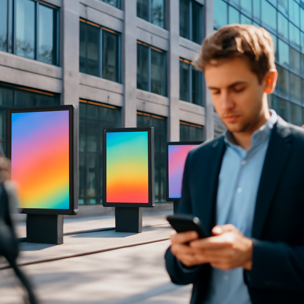 City office building with digital billboards in background and person in foreground.