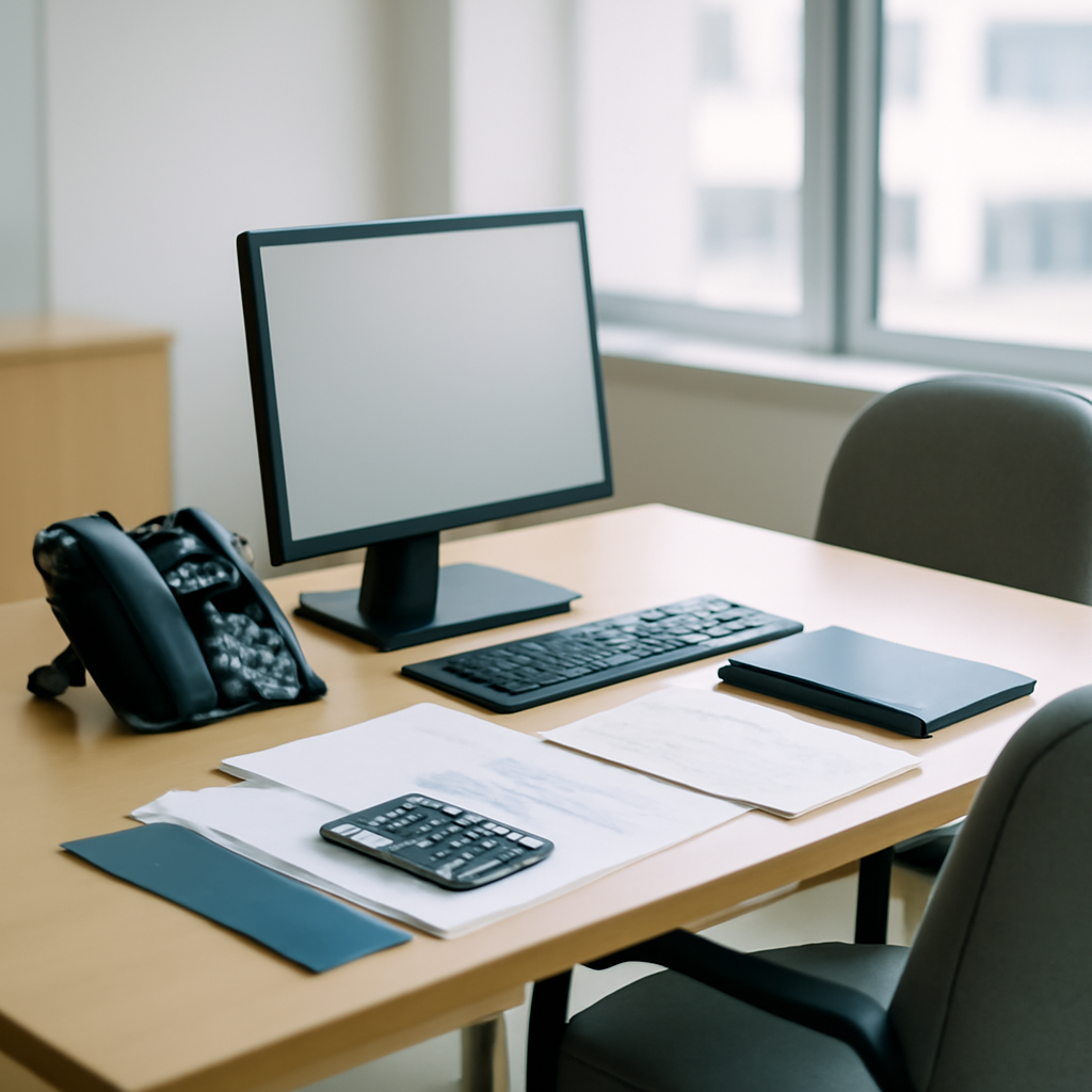 A corporate office desk with phone and computer, empty screens, in a brightly-lit conference or financial setting.