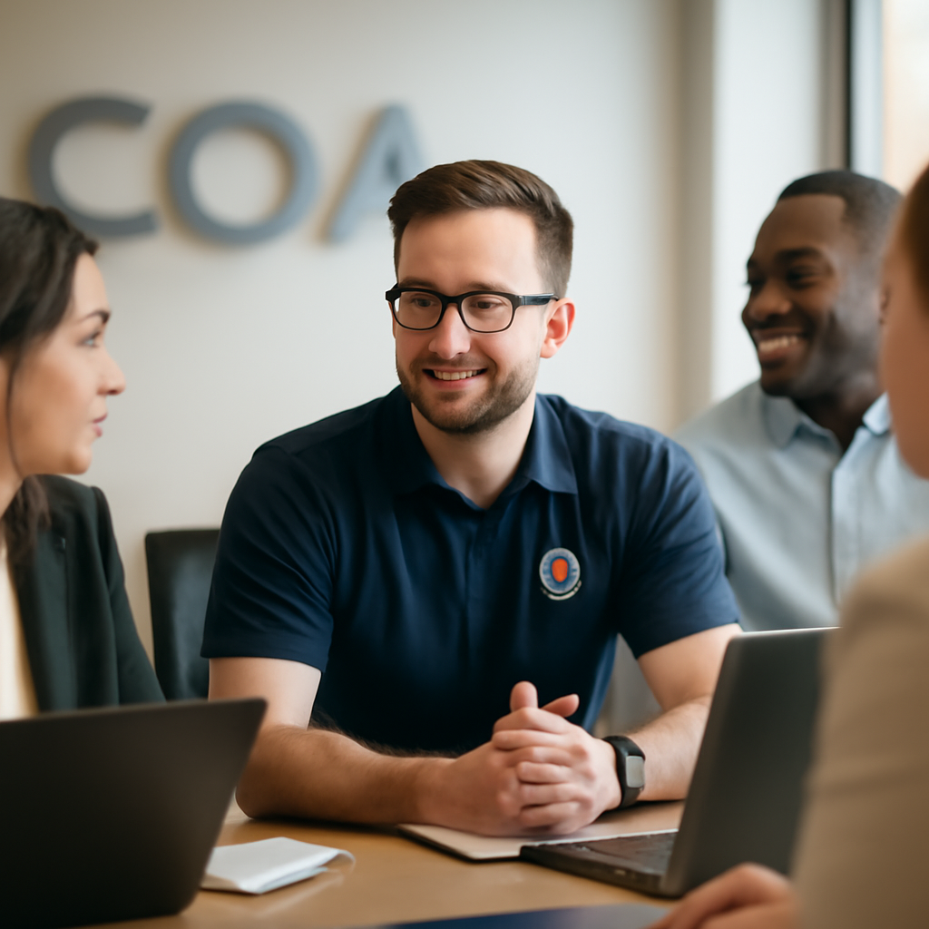 Security professionals discuss concerns in a brightly-lit office setting with laptops and notepads.