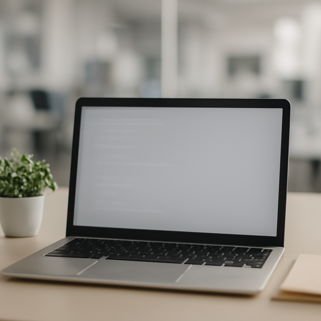 Laptop on a desk with a blurred background and subtle coding hints nearby.