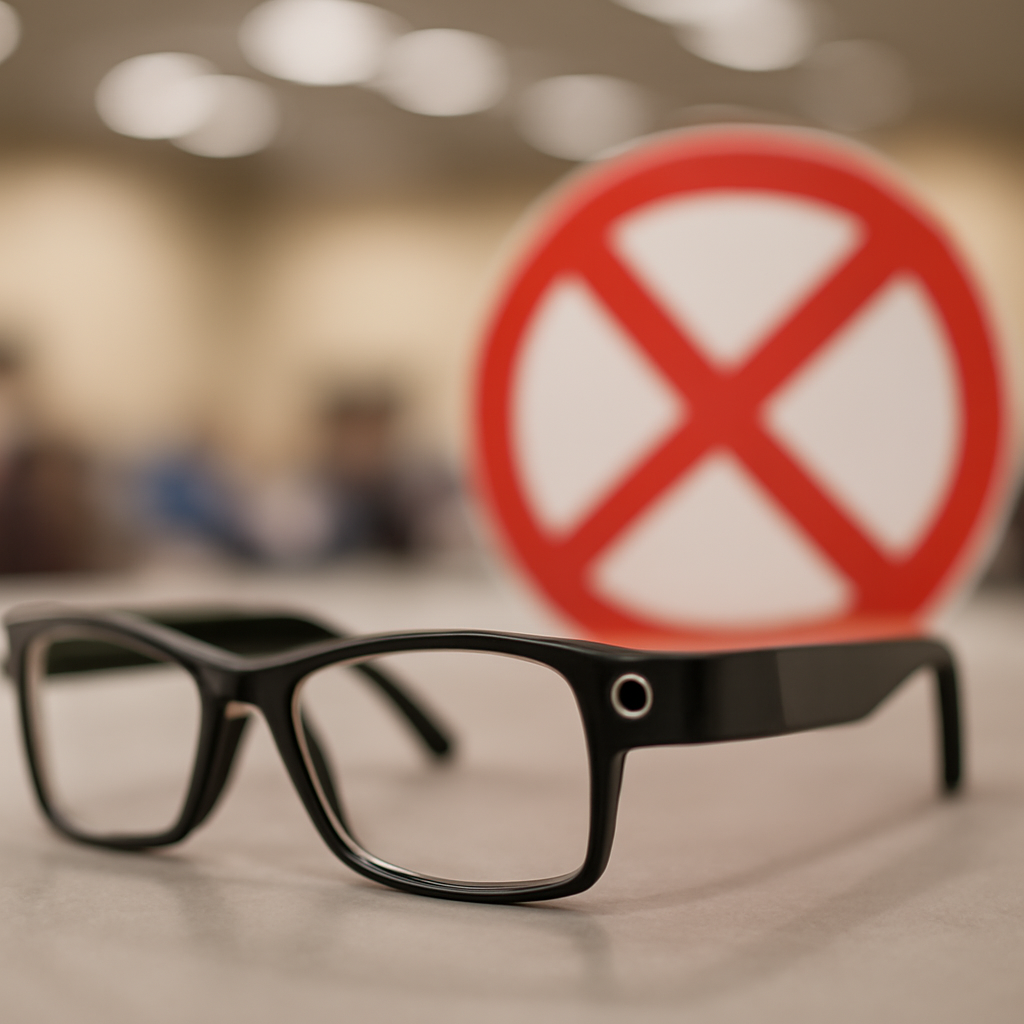 Smart glasses with a blurred red prohibition symbol in the background.