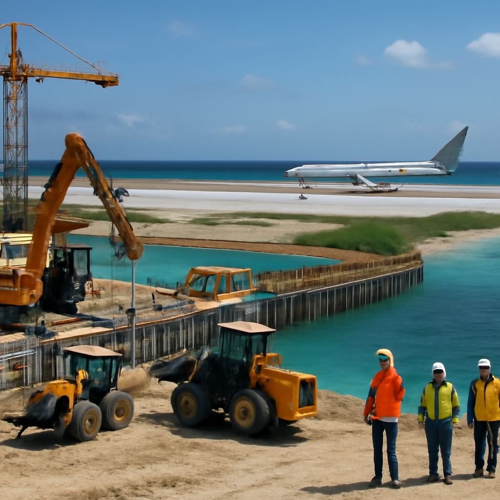 Coastal construction site with port facility and runway development on small island.