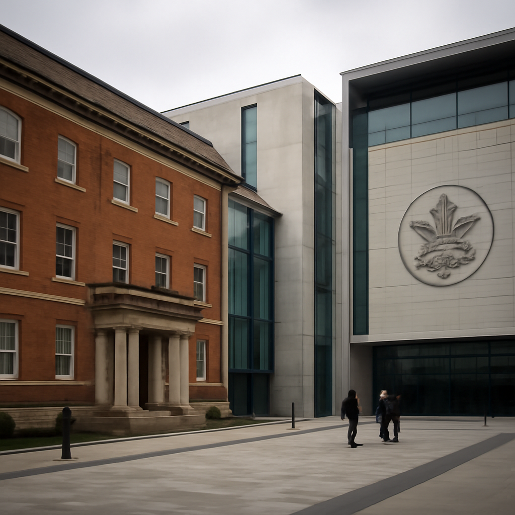 Government building with old and new architecture, defence emblem in background, people walking in distance under daylight.