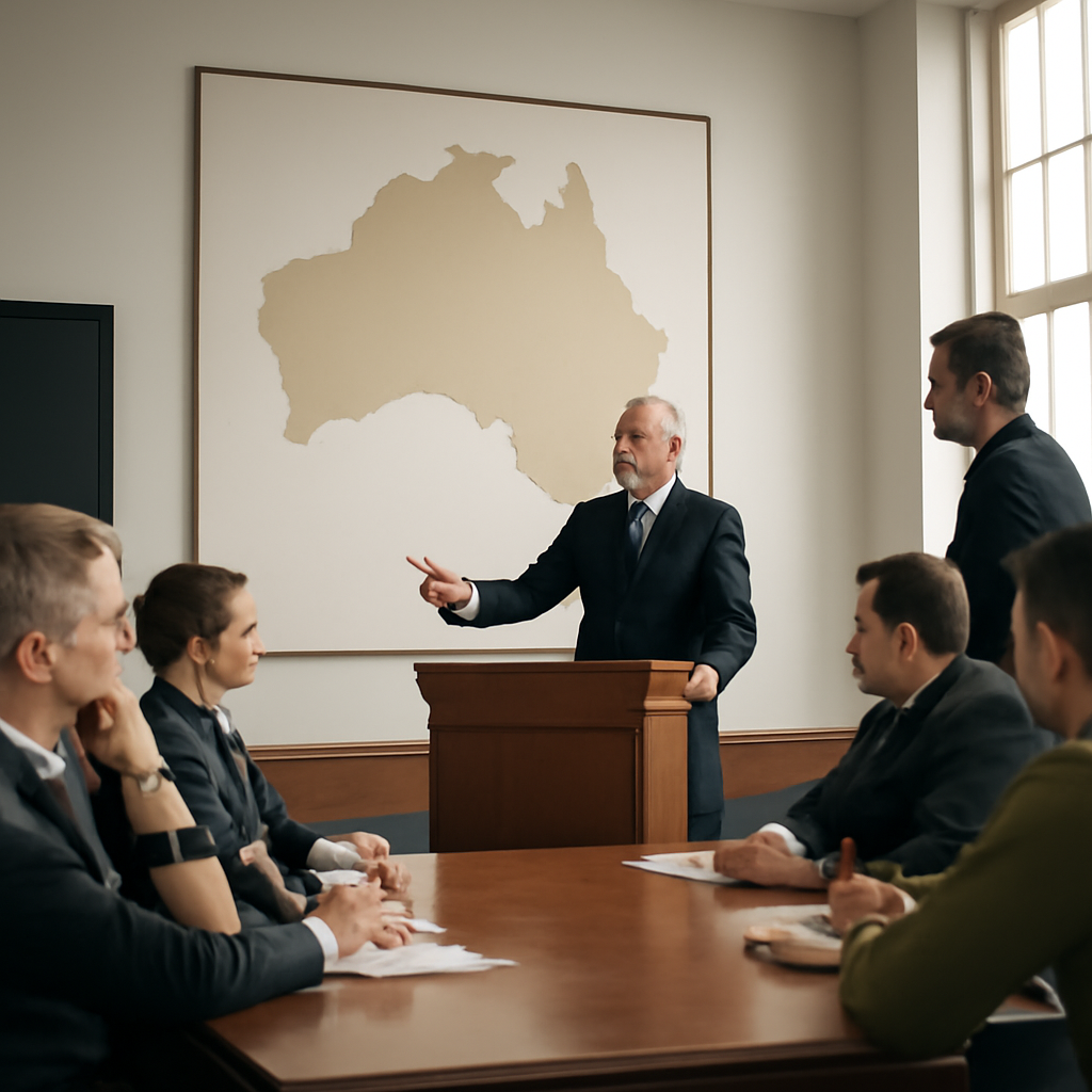Military officials gather around a large map of Australia in a brightly lit briefing room.