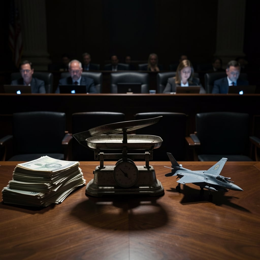 A congressional hearing room with a scale, financial documents, and a fighter jet model casting ominous shadows.