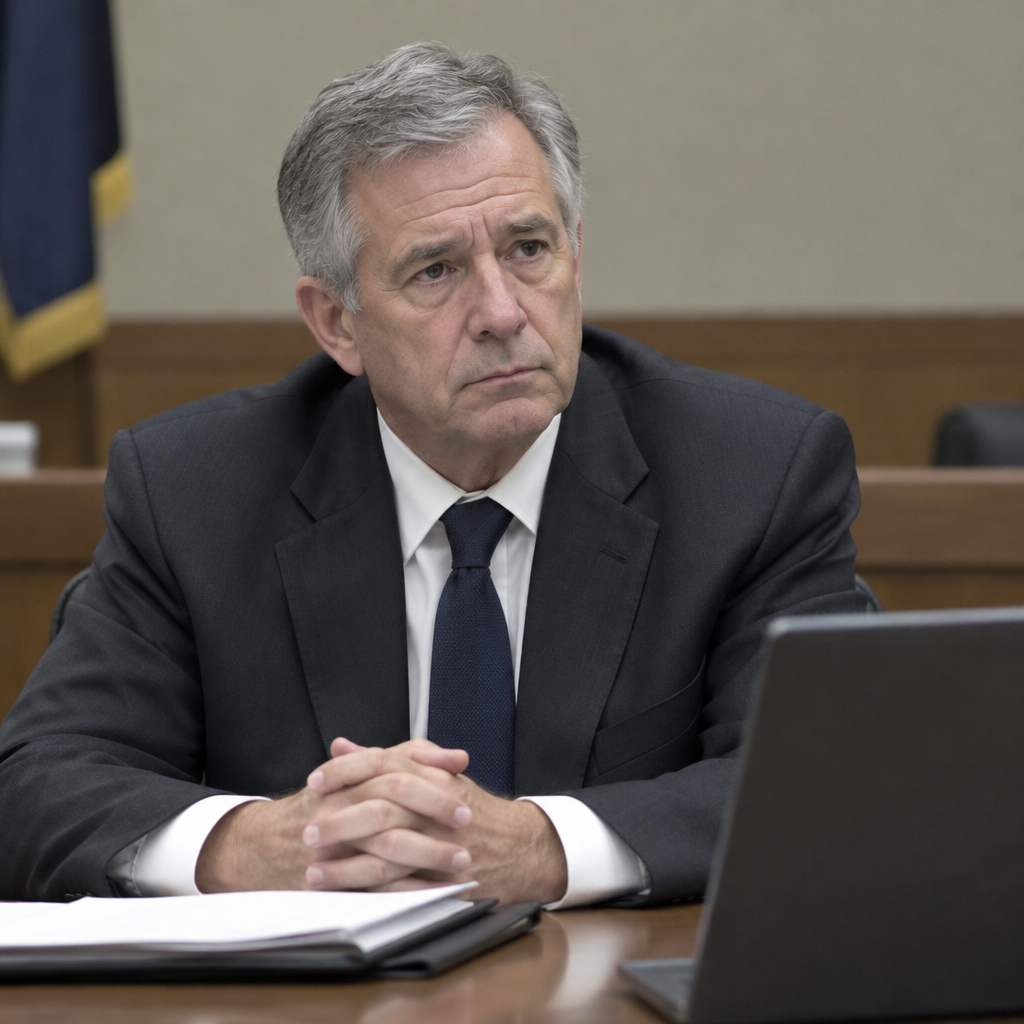A somber older man sits in a formal setting with his hands clasped in front of him.