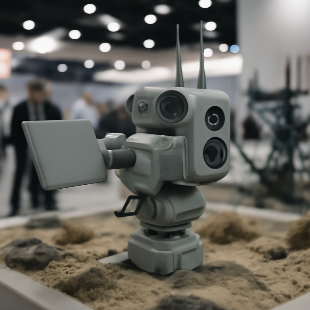 Futuristic counter-UAS system on display in a defense tech exhibit hall.