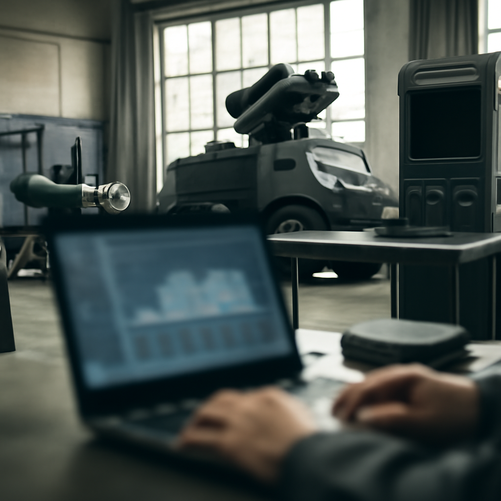 Defense contractor's office with industrial equipment and blurred laptop screen.